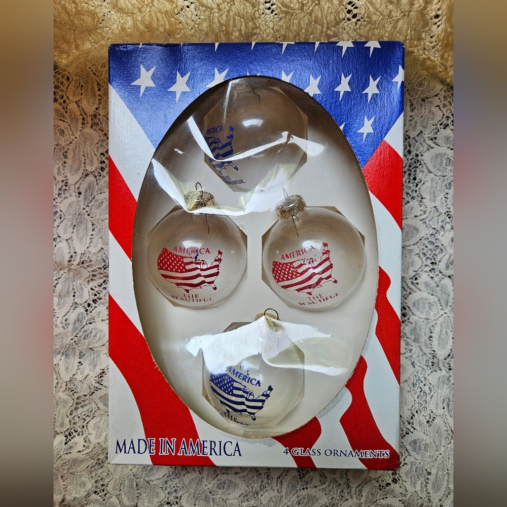 America the Beautiful Patriotic Theme Made in America Glass Ornaments by Rauch